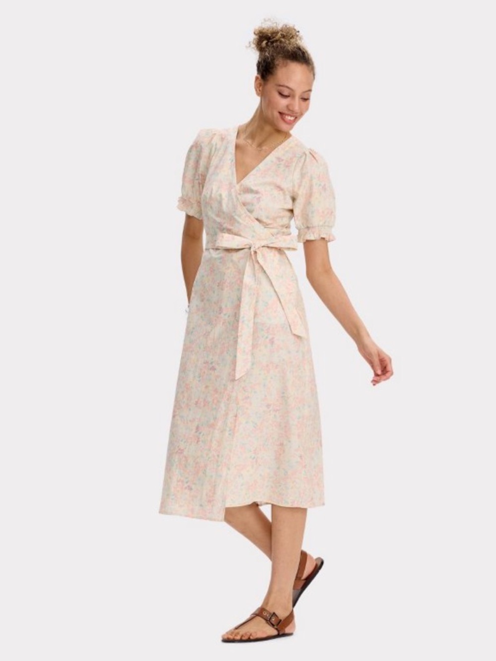 Universal Thread Puff Short Sleeve Wrap Midi Dress Light Pink Floral NWT L